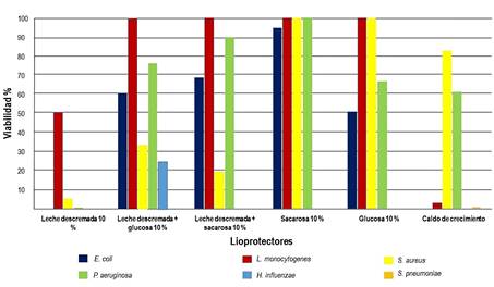 Porcentaje de viabilidad de bacterias después de liofilizar.