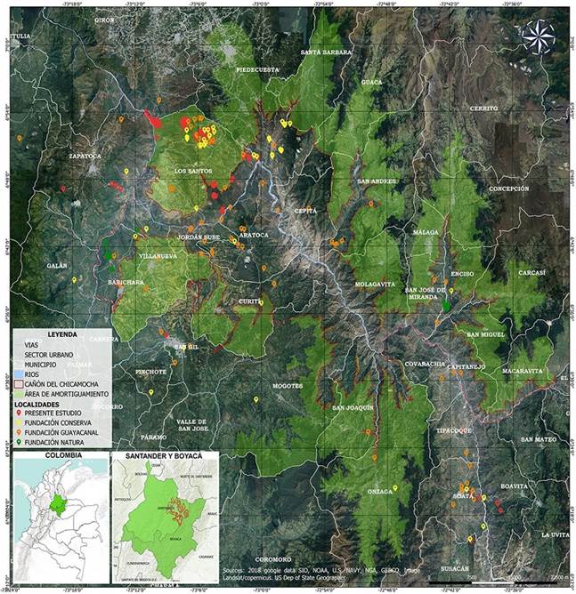 Localidades en las que se han realizado investigaciones sobre la avifauna del Cañón del Chicamocha, Colombia.